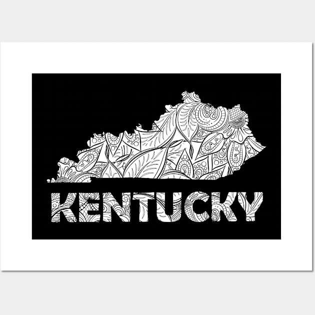 Mandala art map of Kentucky with text in white Wall Art by Happy Citizen